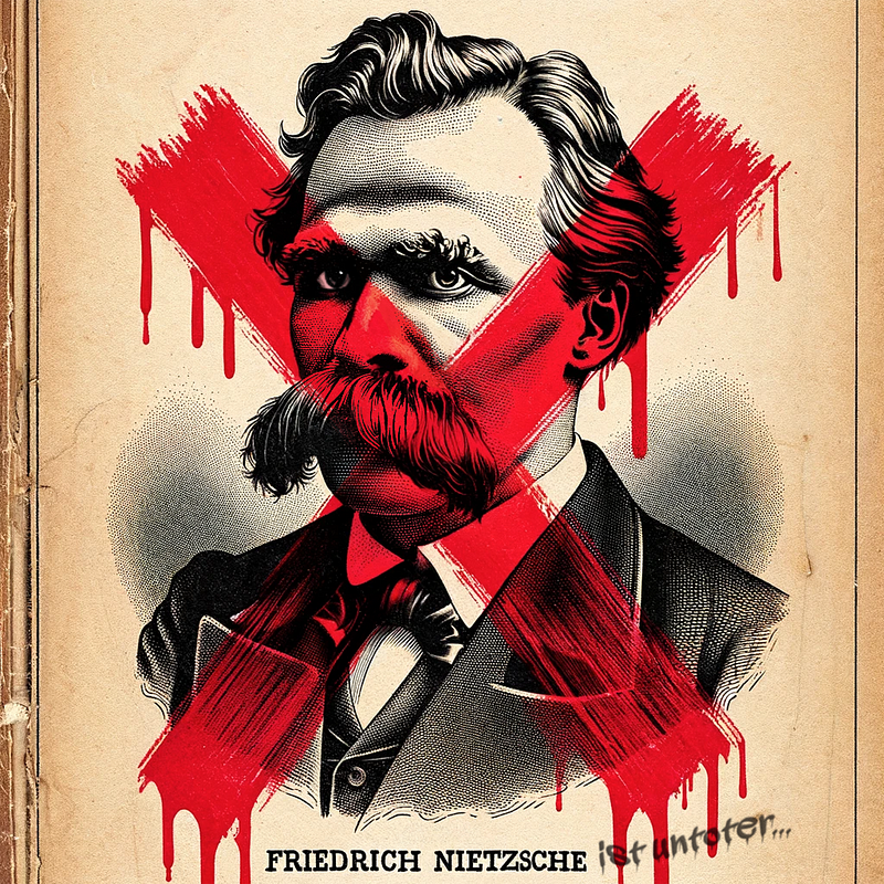 “Friedrich Nietzsche Ist Untoter…” A fantasy 19th-century book illustration of Friedrich Nietzsche, vandalized by a bright red grafitti x. Next to his name, Friedrich Neitzche, black spray-painted grafitti reads “ist untoter…”