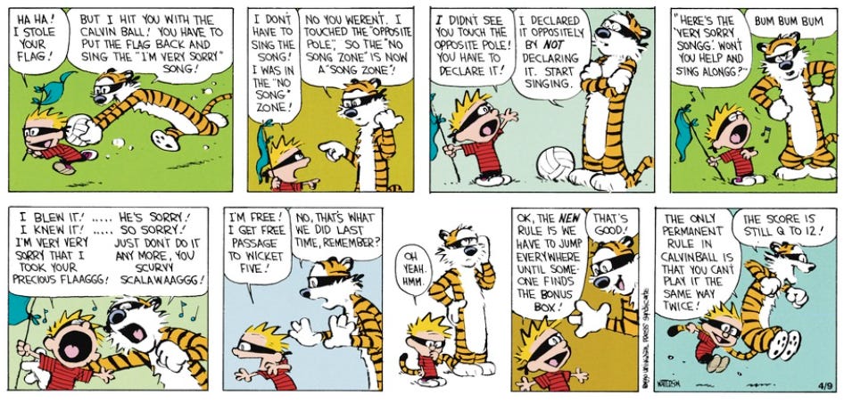 A Calvin and Hobbes strip depicting a game of Calvinball