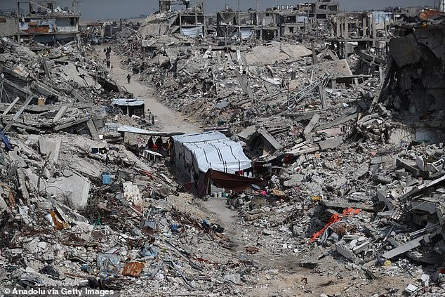 An aerial view of Palestinians shopping at a market set up among the rubble in Jabalia Refugee Camp, northern Gaza, during the holy month of Ramadan on March 05, 2025