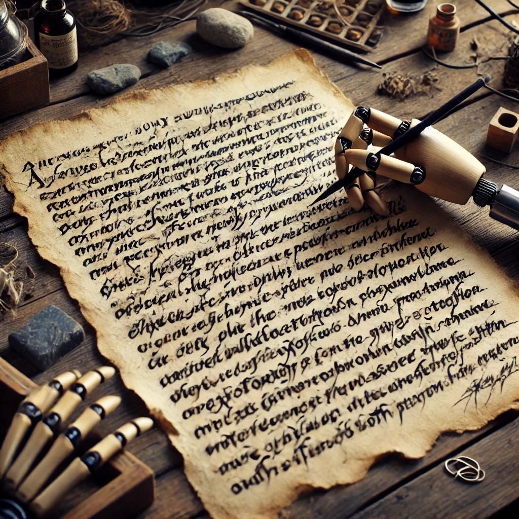 A robotic hand is writing with a quill on an aged, weathered parchment filled with dense, handwritten text. The scene is set on a wooden table cluttered with various objects