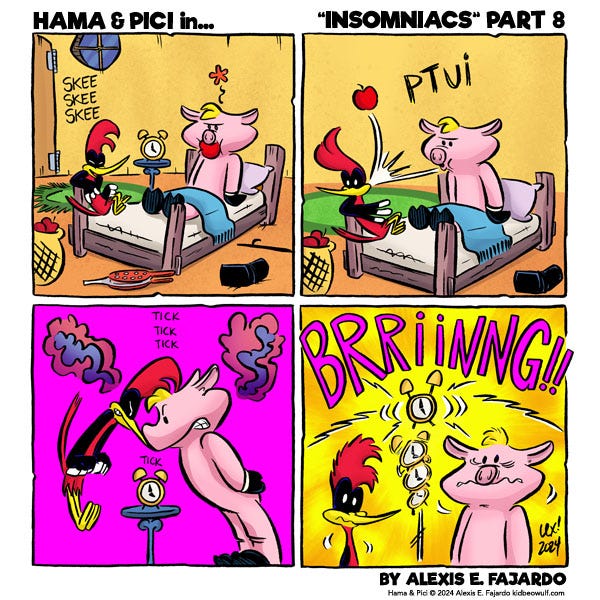 Hama the Pig spits out the apple in its mouth and hits Pici the woodpecker in the head. They face off to fight but an alarm clock starts ringing loudly between them.