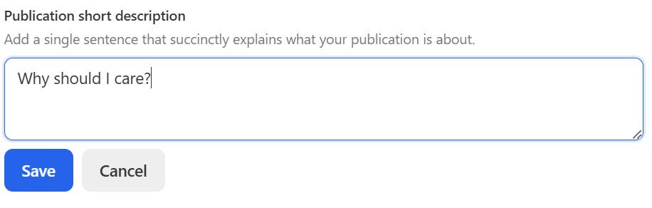 The publication short description in Substack's settings.