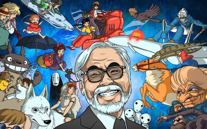 Hayao Miyazaki with all his creations surrounding him.