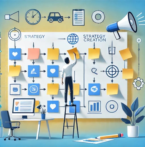 Man at whiteboard, animated figured, illustrating a content strategy