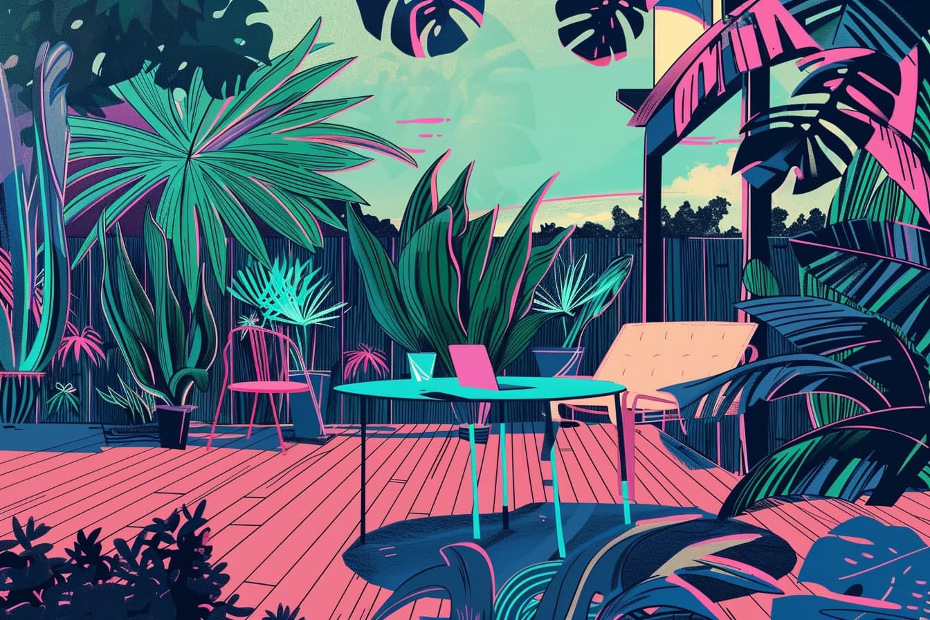 graphic novel illustration of a tropical backyard with a desk, laptop, and chair