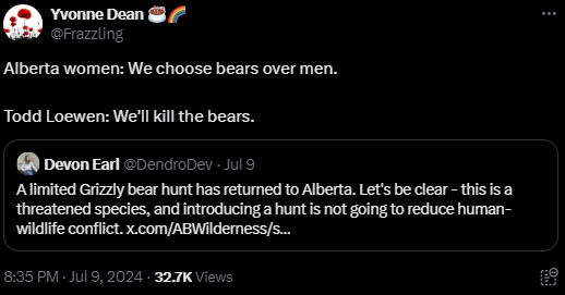 Tweet from @frazzling "Alberta women: we choose bears. Todd Loewen: We'll kill the bears."