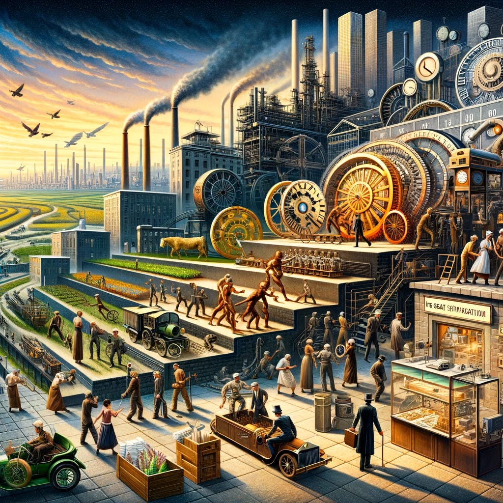 A historical progression of the concept of 'The Great Synchronization,' starting with the development of standardized calendars and mechanical clocks for agricultural coordination. The scene transitions to the Industrial Revolution, with factory workers adhering to strict schedules, symbolized by a human transformed into a robot, and a focus on assembly lines over craftsmanship. Urbanization is depicted with coordinated public services and transport for city dwellers. The final part shows the concept of Just-in-Time management in manufacturing, with precise coordination of material orders and production schedules between organizations. The overall image should convey the increasing precision in time coordination and its impact on daily life and industrial processes.