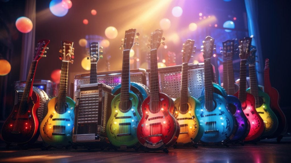 Diversos violoes e guitarras coloridos lado a lado, gerados por AI