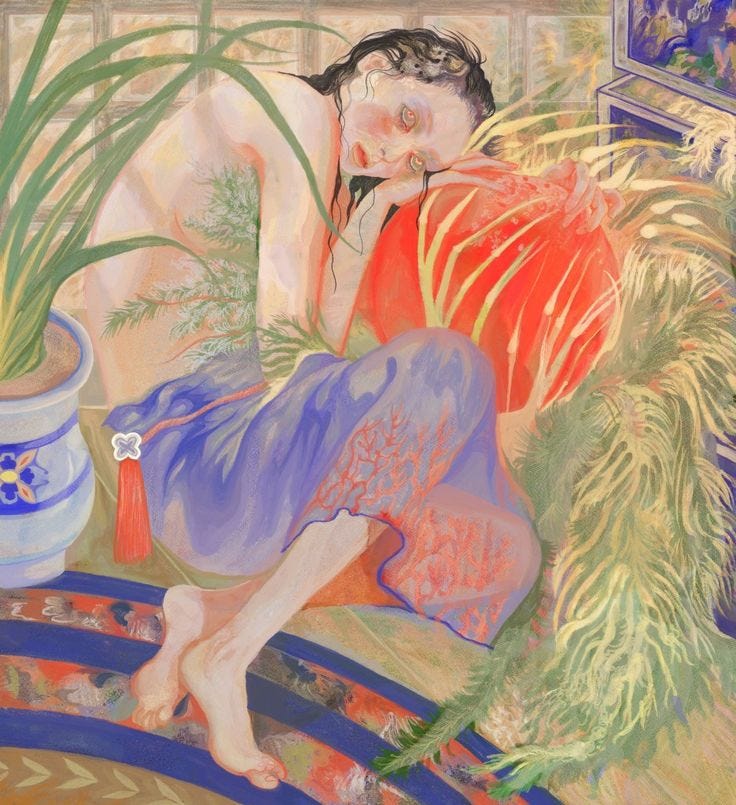 This may contain: a painting of a woman kneeling down next to a potted plant