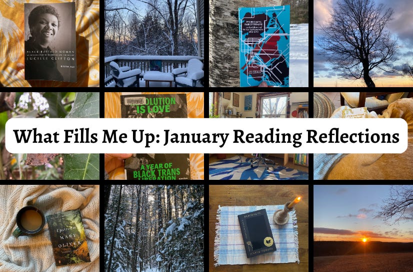 A grid of images of books and nature, with the text ‘What Fills Me Up: January Reading Reflections’ in the center.