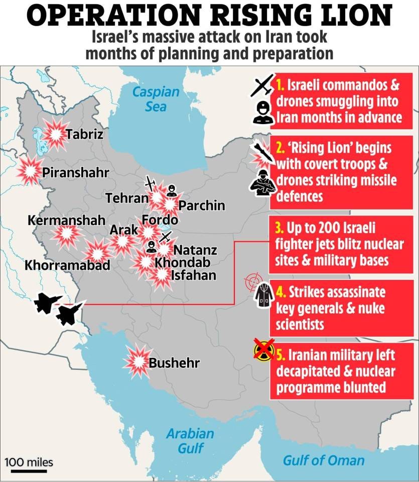 Illustration of a map detailing Operation Rising Lion, Israel's attack on Iran.