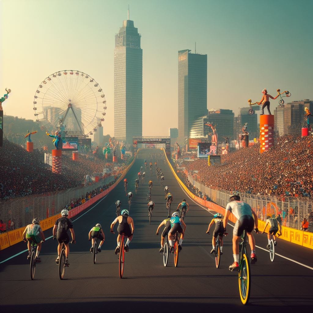 Landscape photo of the Meixcan Grand Prix in Mexico City. 20 professional acrobat-racers on unicycles race each other on the last lap, up to the finish line. Bright, sunny day.