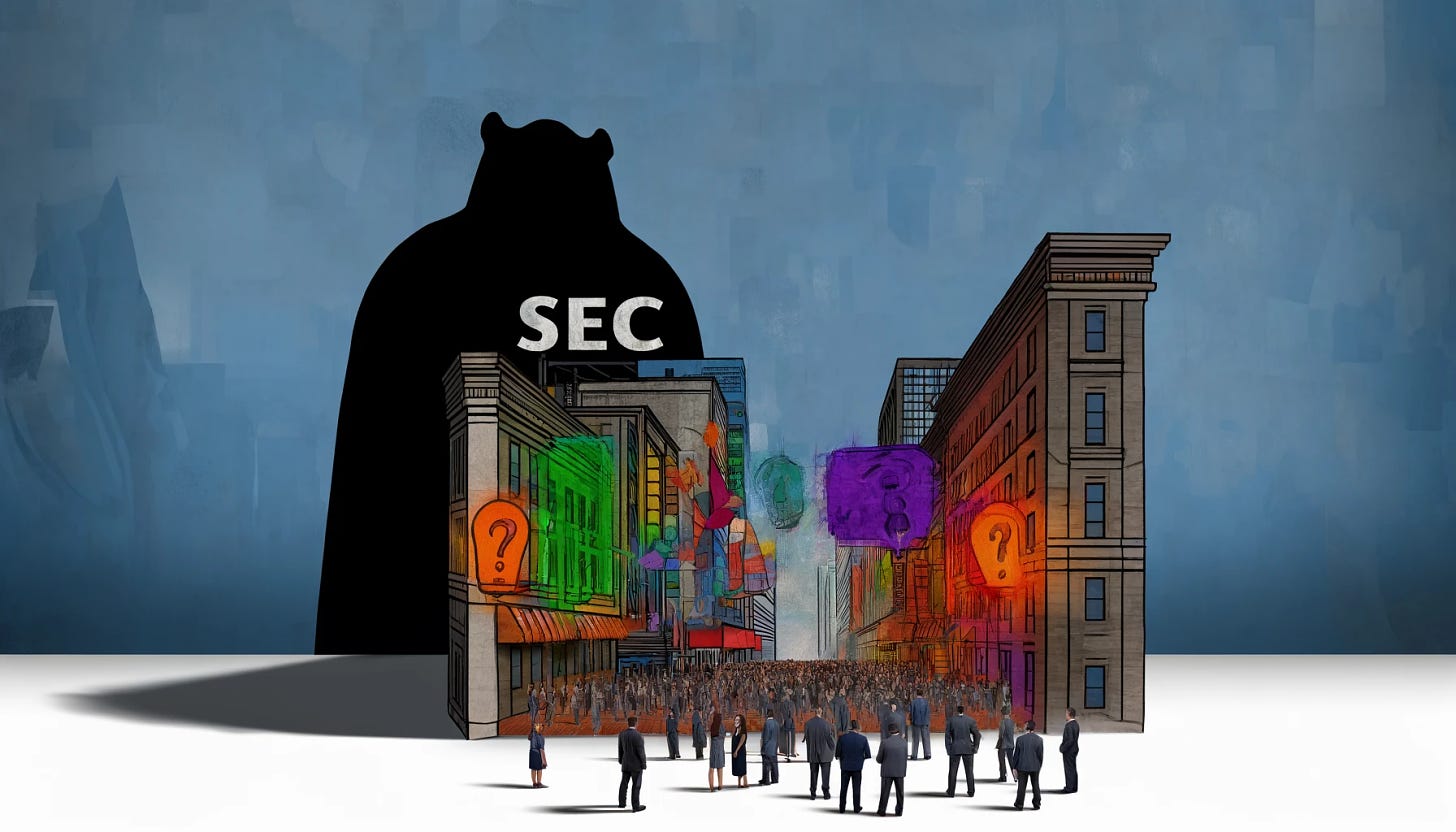Create a conceptual image depicting the tension between innovation and regulation in the financial world, focusing on the standoff between the SEC and Wall Street. Illustrate a metaphorical 'shadow' cast by a large, imposing structure labeled 'SEC' over a bustling, colorful street scene representing Wall Street, filled with smaller figures symbolizing industry players looking up hesitantly. Include elements that suggest a dialogue or lack thereof, like speech bubbles with question marks or barriers, to emphasize the communication gap. The image should capture a balance between a foreboding presence and the vibrant energy of innovation, highlighting the theme of finding common ground between transparency, fairness, and progress.