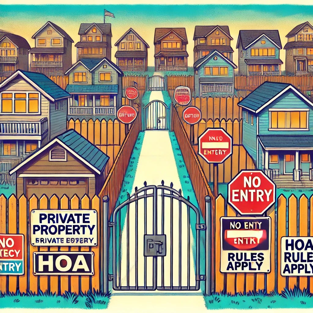 A cartoon-style visual of a neighborhood with tall, solid fences surrounding each property, symbolizing closed communities or restrictive homeowners' associations. The scene shows houses with high fences that limit visibility and access, with signs such as 'Private Property,' 'No Entry,' and 'HOA Rules Apply.' The atmosphere illustrates a tension between protecting property values and restricting broader access or housing growth. In the background, there’s a sense of tightly packed homes, and perhaps a 'public access' path blocked by barriers, emphasizing the closed-off nature of the community. Bright and stylized colors in cartoon illustration.