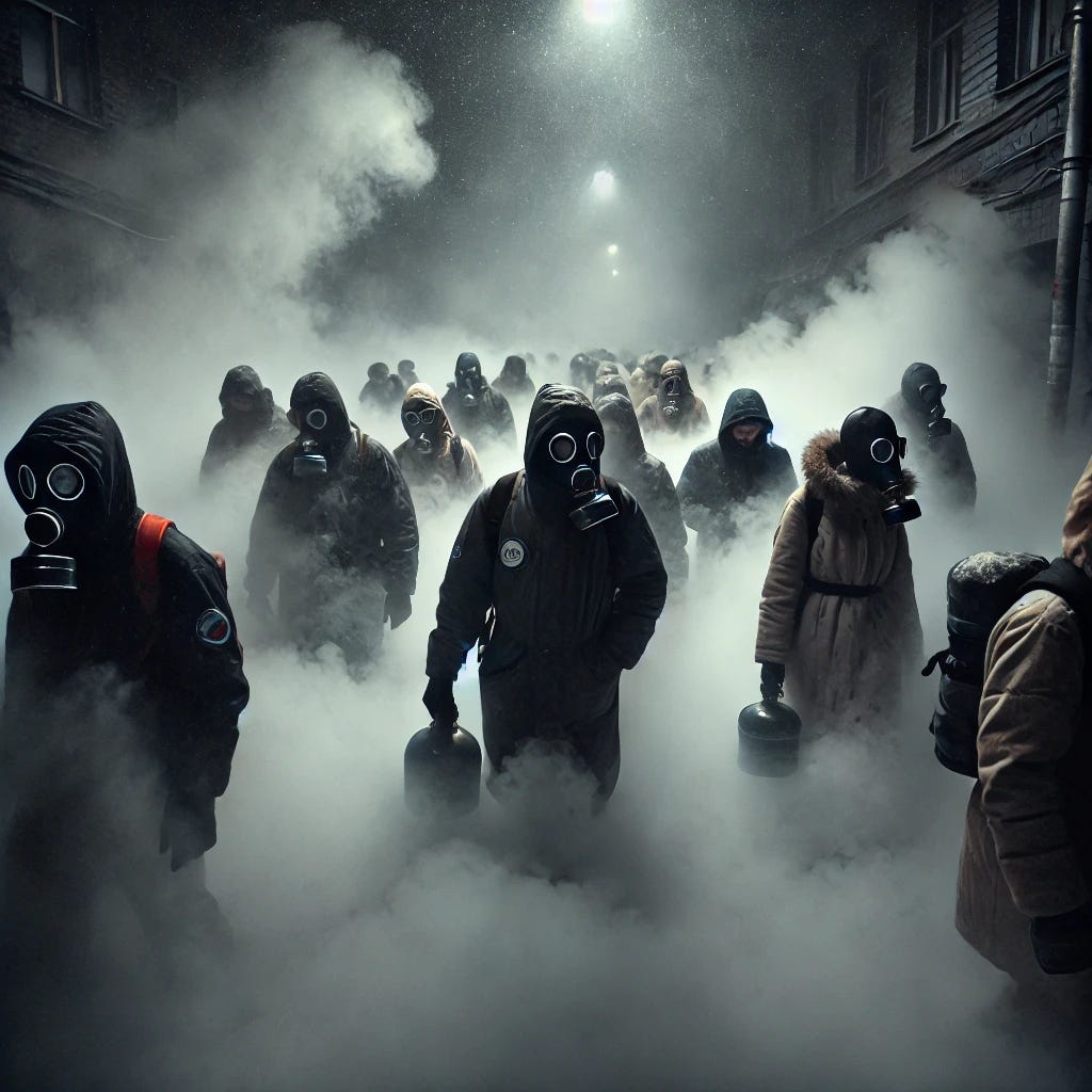 A dark, eerie scene depicting a thick, dense fog blanketing a city street. People wearing various types of respiratory equipment such as gas masks and air-purifying respirators walk cautiously through the fog. The atmosphere is ominous, with an almost surreal quality to the mist, which seems to hang heavy in the air. The environment is dimly lit, with shadows from buildings casting long, mysterious shapes. Some people are looking up, while others move forward with urgency, indicating a sense of fear and uncertainty.