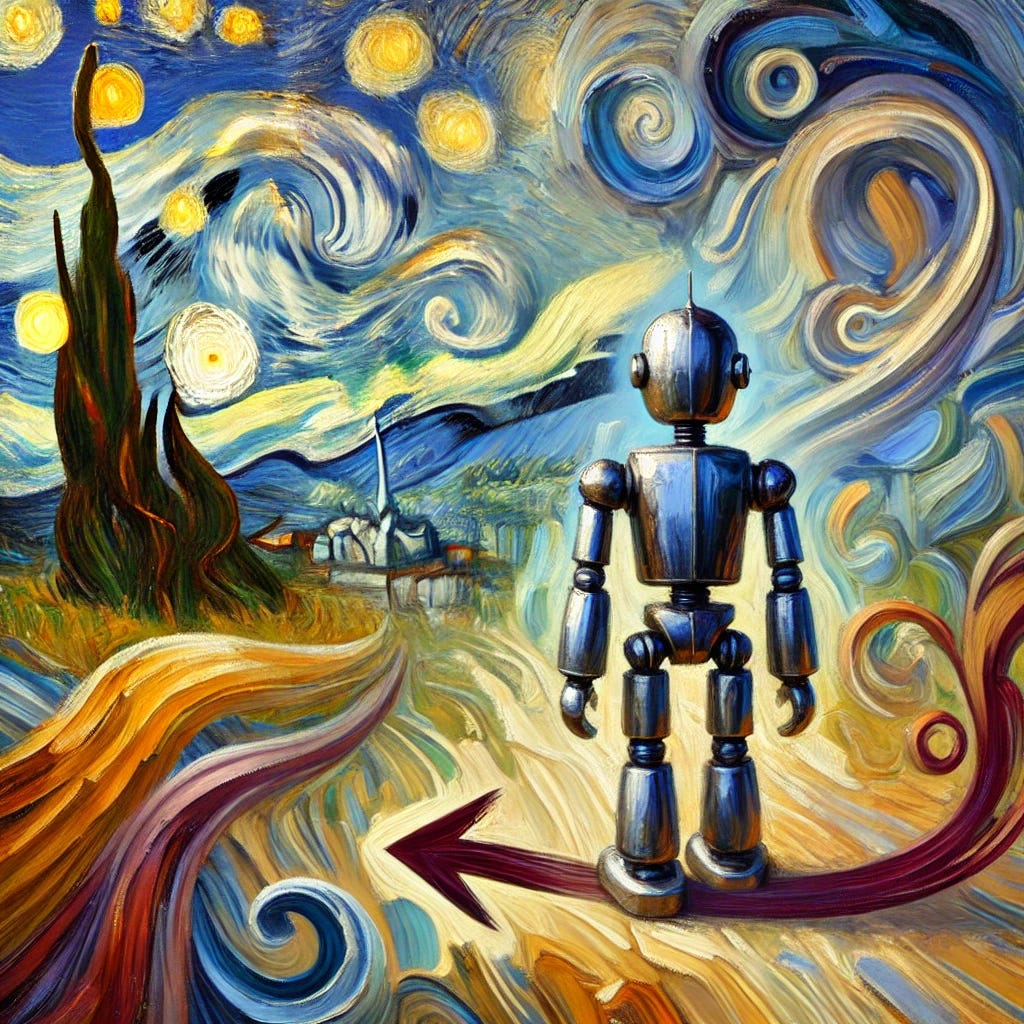 A painterly scene in oil painting style depicting a whimsical robotic figure with metallic reflections, standing in an impressionistic natural environment with soft, blended brushstrokes. Two bold, flowing arrows in rich burgundy—one emanating from the robot towards a dreamy landscape of abstract shapes and swirls, and another gracefully curving back to the robot. The color palette consists of deep navy blues, warm golds, and muted earth tones, with visible brushstrokes and texture reminiscent of van Gogh's expressive style. The background blends reality and abstraction, with sweeping curves and spirals suggesting the flow of information and interaction. The arrows maintain their directional clarity while appearing to be painted with confident, artistic strokes that integrate naturally with the overall composition.