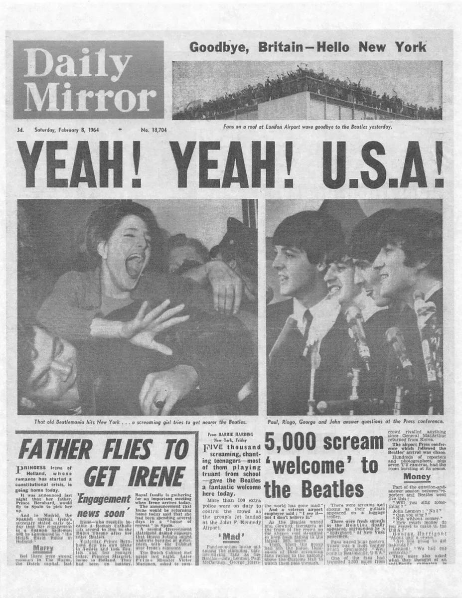 1964 Daily Mirror THE BEATLES land in United States YEAH YEAH USA McCartney  | eBay