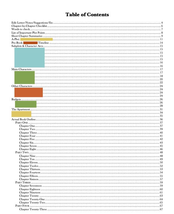 a table of contents, with some color-blocked redactions