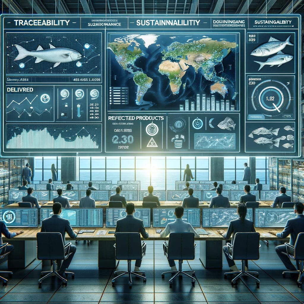 A sophisticated digital illustration depicting the process of traceability in the seafood industry. The image shows a high-tech control room with screens displaying various data analytics, including maps, fish stock levels, and sustainability metrics. There are also graphical interfaces showing comparisons between delivered and rejected products due to shrinkage. Workers in the room are diverse, engaged in monitoring and analyzing this data, ensuring good fishing practices and sustainability standards. The environment is modern and filled with digital tools and gadgets to enhance traceability and reporting.