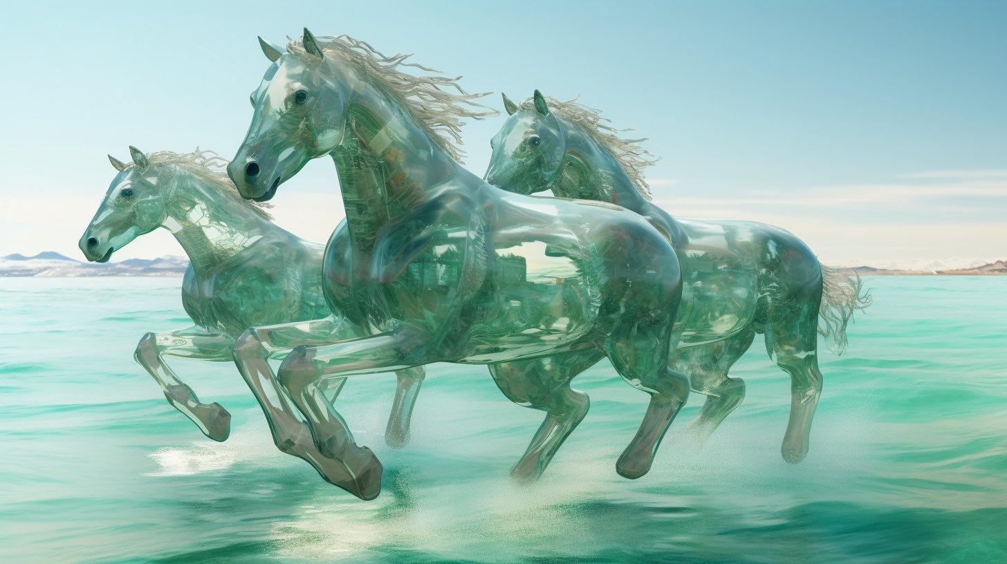 transparent horses coming out of ocean, solarpunk aesthetics --ar 16:9