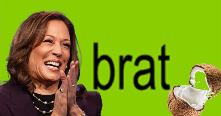 Kamala Harris on green background with cooonut and "brat"