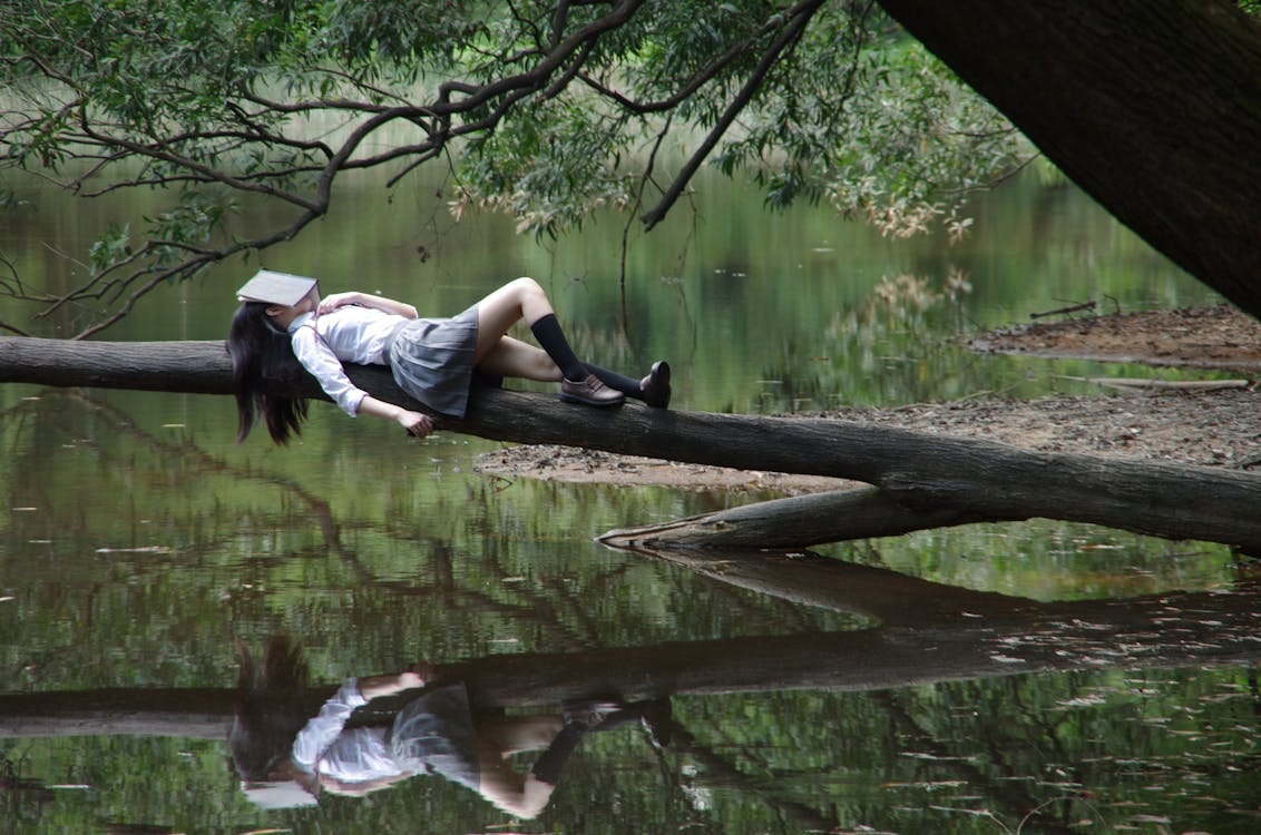 Free Woman Lying on Tree Near Awter Stock Photo