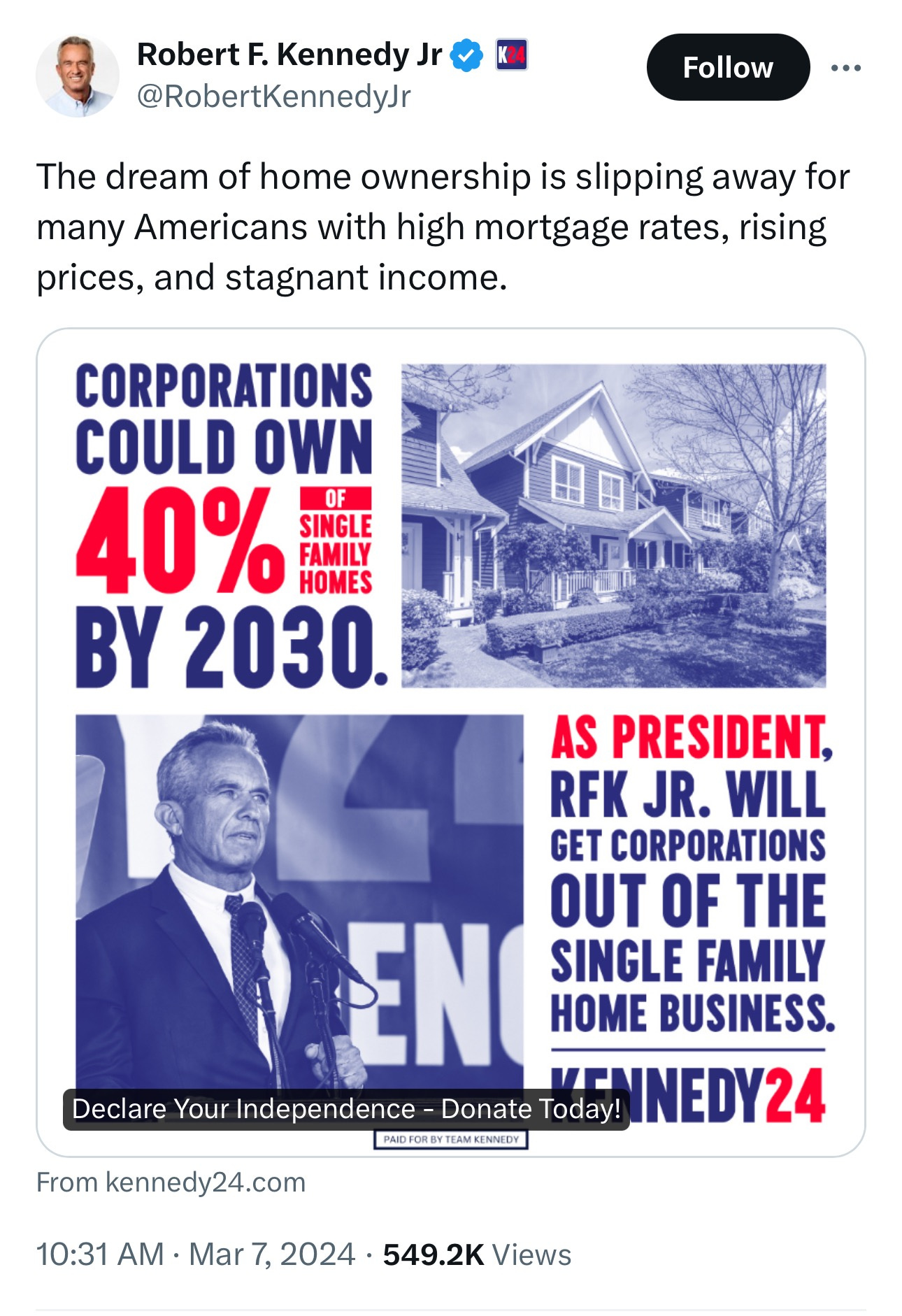 May be a graphic of 2 people and text that says 'RobertF. Kennedy Jr @RobertKennedyJr Follow The dream of home ownership is slipping away for many Americans with high mortgage rates, rising prices, and stagnant income. CORPORATIONS COULD OWN 40% FAMILY OF SINGLE HOMES BY 2030. AS PRESIDENT, RFK JR. WILL GET CORPORATIONS OUT OF THE EN SINGLE FAMILY HOME BUSINESS. Declare Your Independence Donate Today! NNEDY24 PAIDEKEND From kennedy 24.com 10:31 AM Mar 2024 549.2K Views'