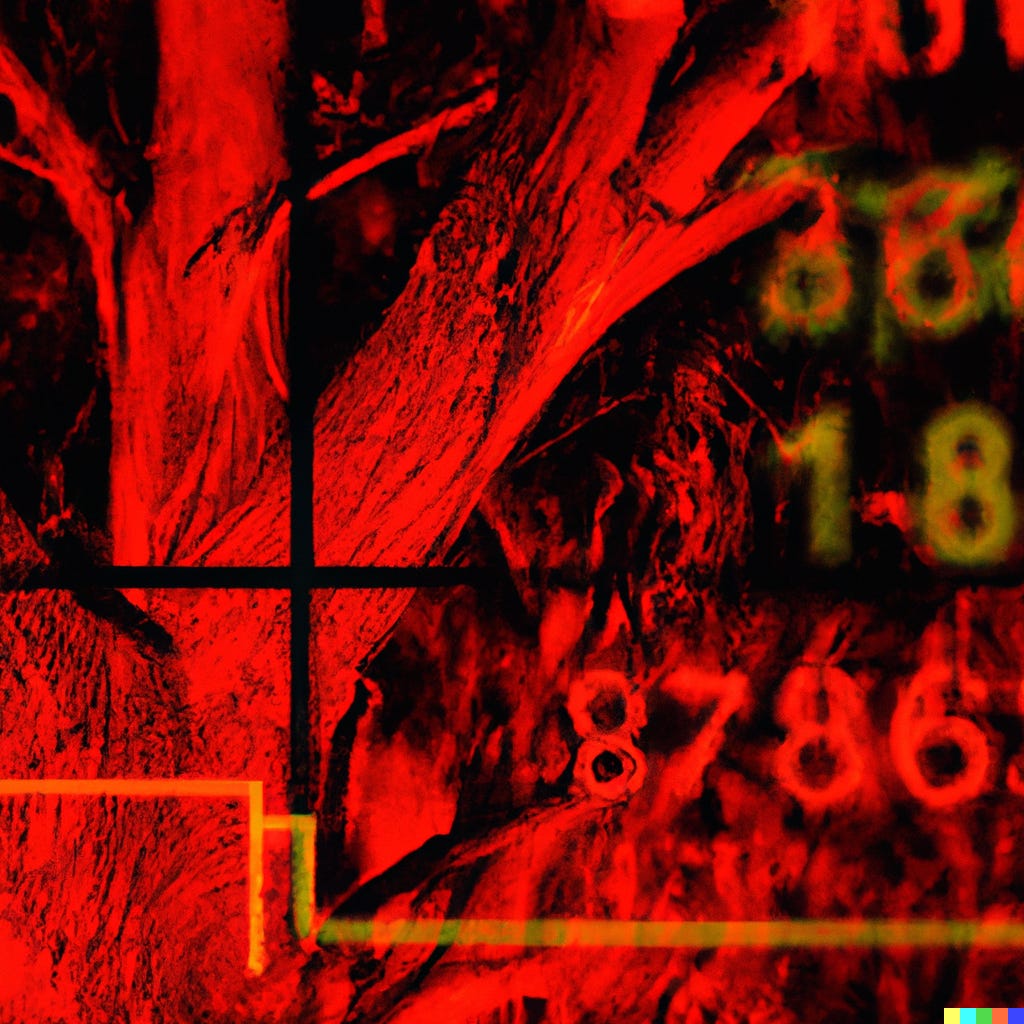 DALLE2-generated image, a tree with black and red filter and some numbers on it. Prompt: view of a eucalyptus tree on fire through the eyes of the terminator - mostly red and black, with lines of text and numbers arranged around the edge of the field of view