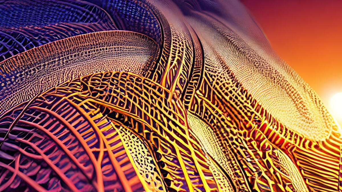 AI-generated digital fractal art in jewel tones and metallic waves.