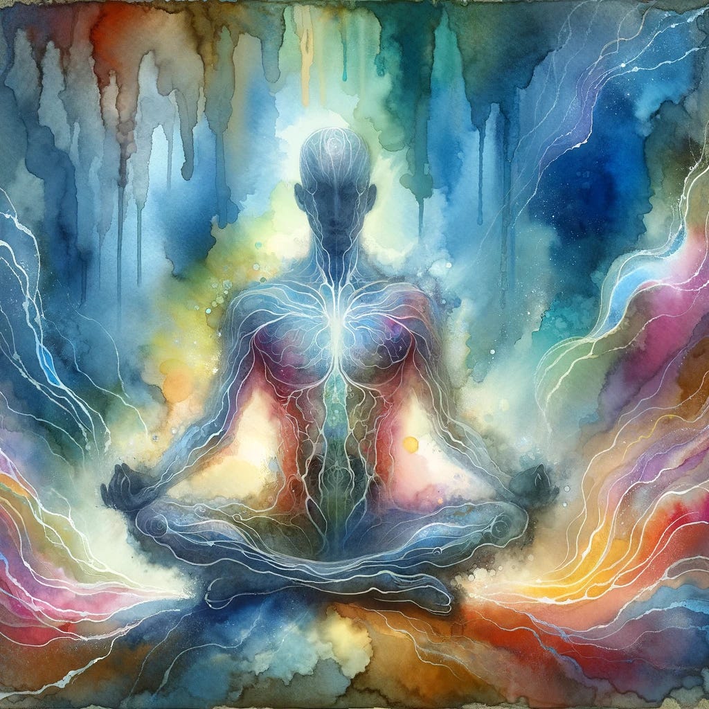 A watercolor painting of an abstract figure seated in meditation. The figure should be represented by a subtle, translucent silhouette blending into the surroundings, without clear anatomical details. The silhouette is surrounded by washes of light blue and silver to suggest breath, and vivid streaks of yellow and green that imply a web of energy without specific nerve details. Swirls of pink, purple, and gold around the figure evoke emotions, while deep reds and oranges along the figure's outline convey physical sensations. The background is an impressionistic interpretation of cenote waters, deep blues with streaks of light suggesting an underwater scene, emphasizing the spiritual connection between the figure and the environment.