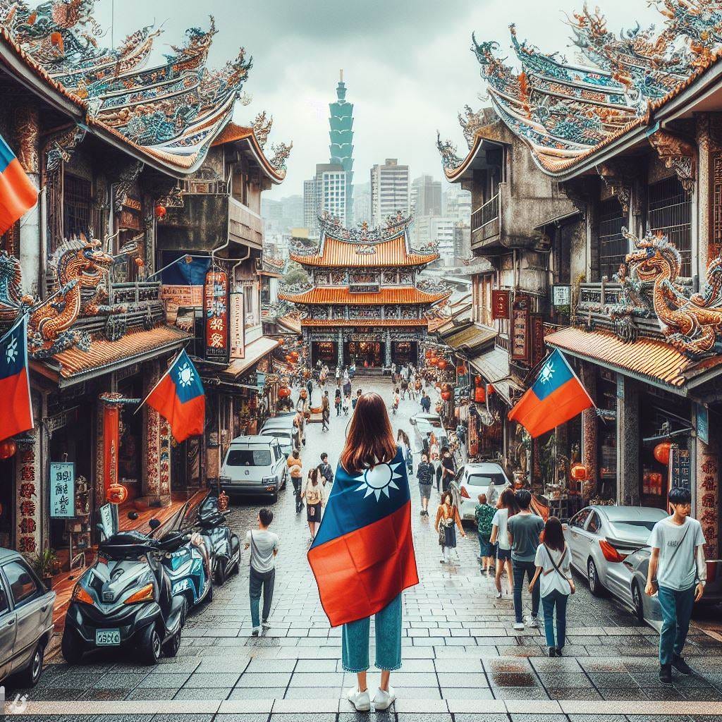 las calles de taipei durante el dia, con templos tradicionales y gente con la bandera de Taiwan
