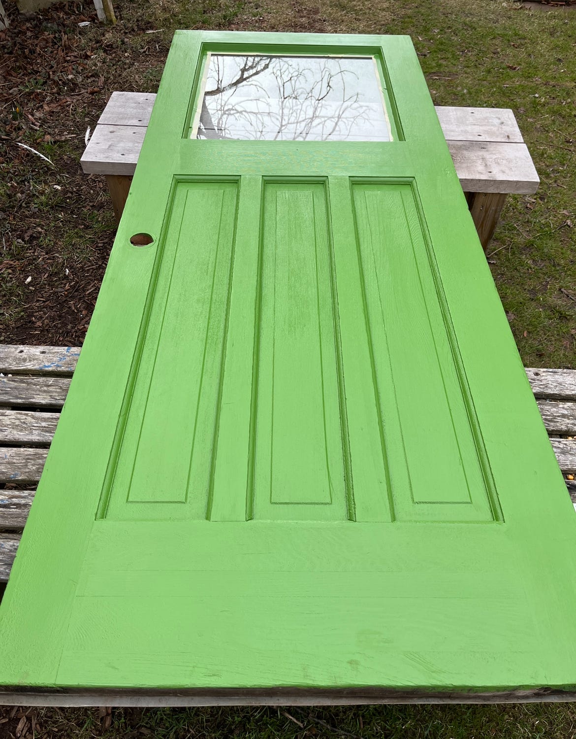 A door laid across a couple of benches. it's in the process of being painted bright green
