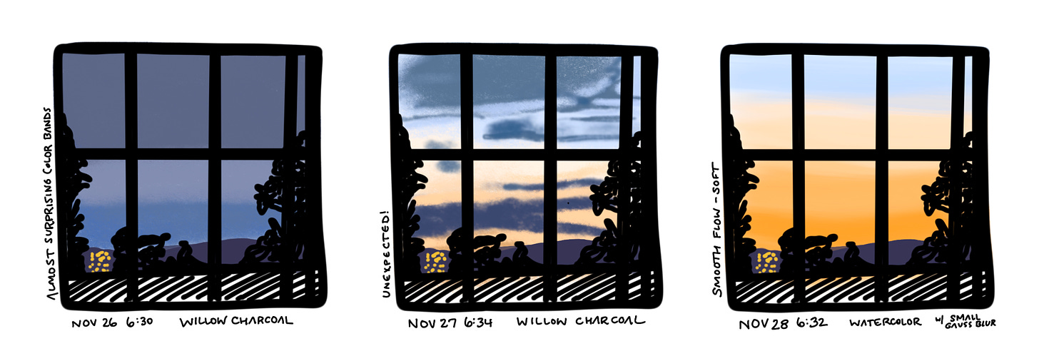 Thumbnails showing colors of sky in November. A. Cowen