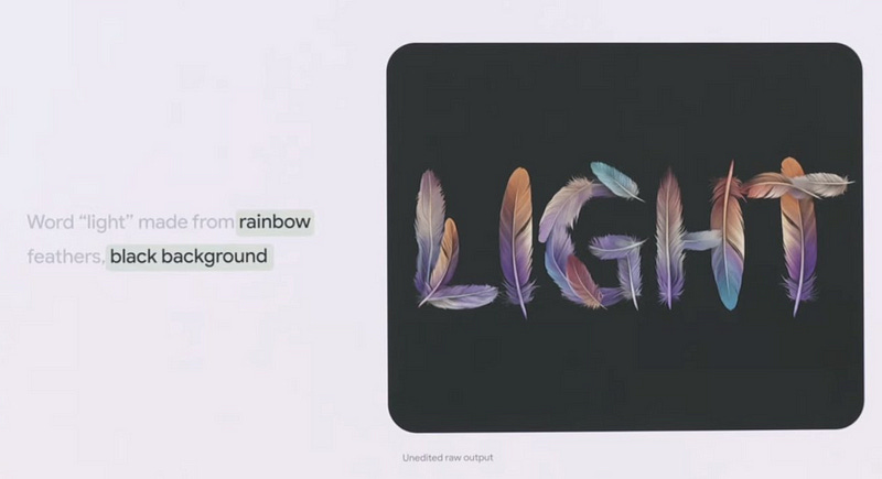 Image from Google IO 2024. Word “light” made from rainbow feathers, black background