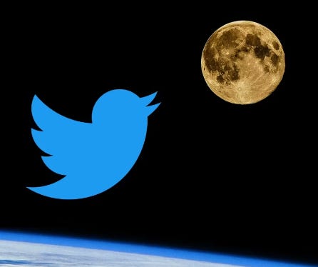 Twitter blue bird flying to the moon