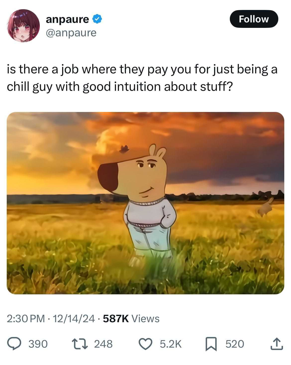 Screenshot of a tweet from @anpaure reads, "is there a job where they pay you for just being a chill guy with good intuition about stuff?" Below the text is an animated image of a relaxed cartoon character standing in a golden field under a dramatic sunset sky, exuding calm confidence.