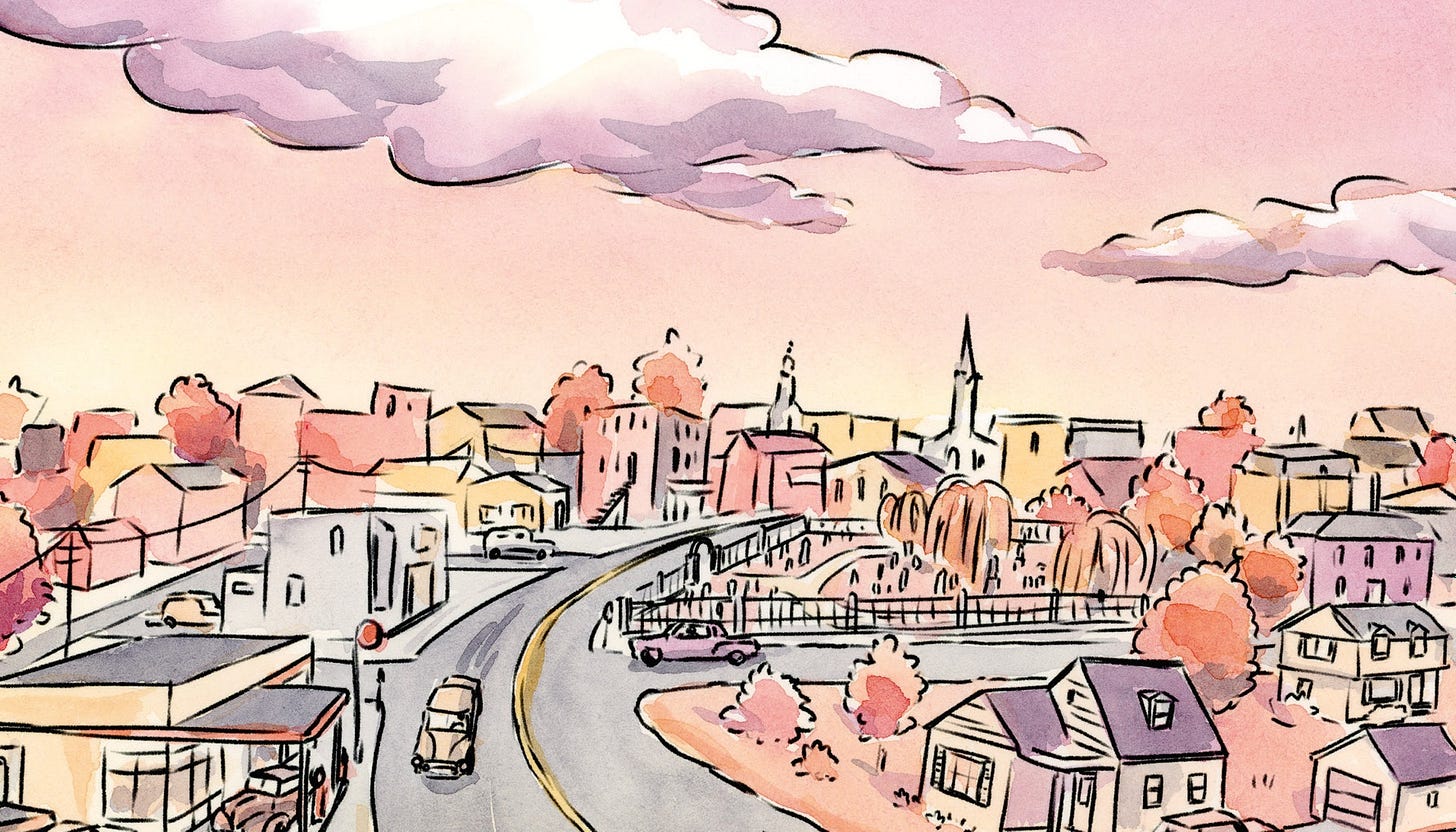 Watercolor graphic novel detail by. Woodman-Maynard featuring a 1950s village.