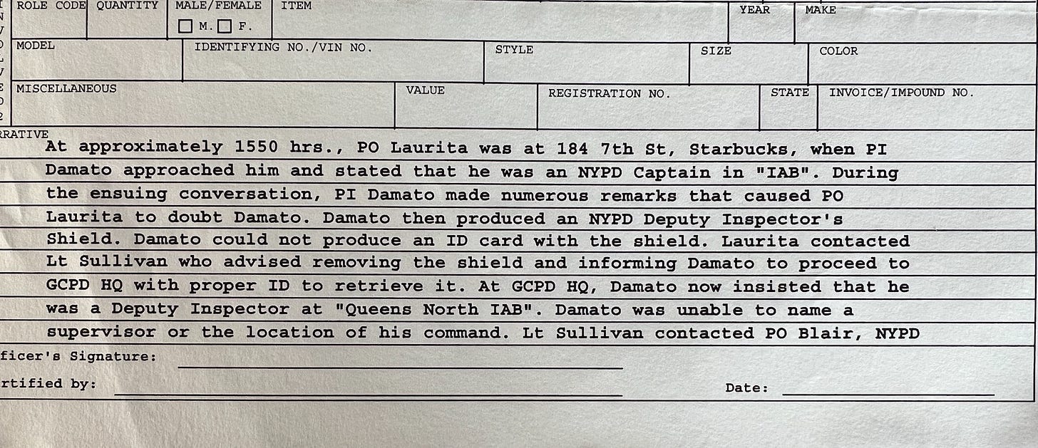 NYPD police report describing D'Amato showing a badge at Starbucks