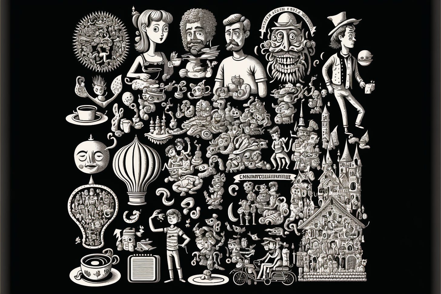 collection intricate paragraph seperators detailed filligree with toys computers tacos coffee trolls circus people and trinkets, woodcut