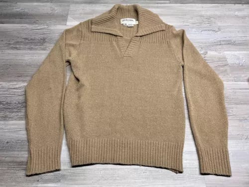 Vintage 60s 70s Mens Pullover Sweater Collared V-Neck Polo Knit Jumper Tan Sz M - Picture 1 of 6