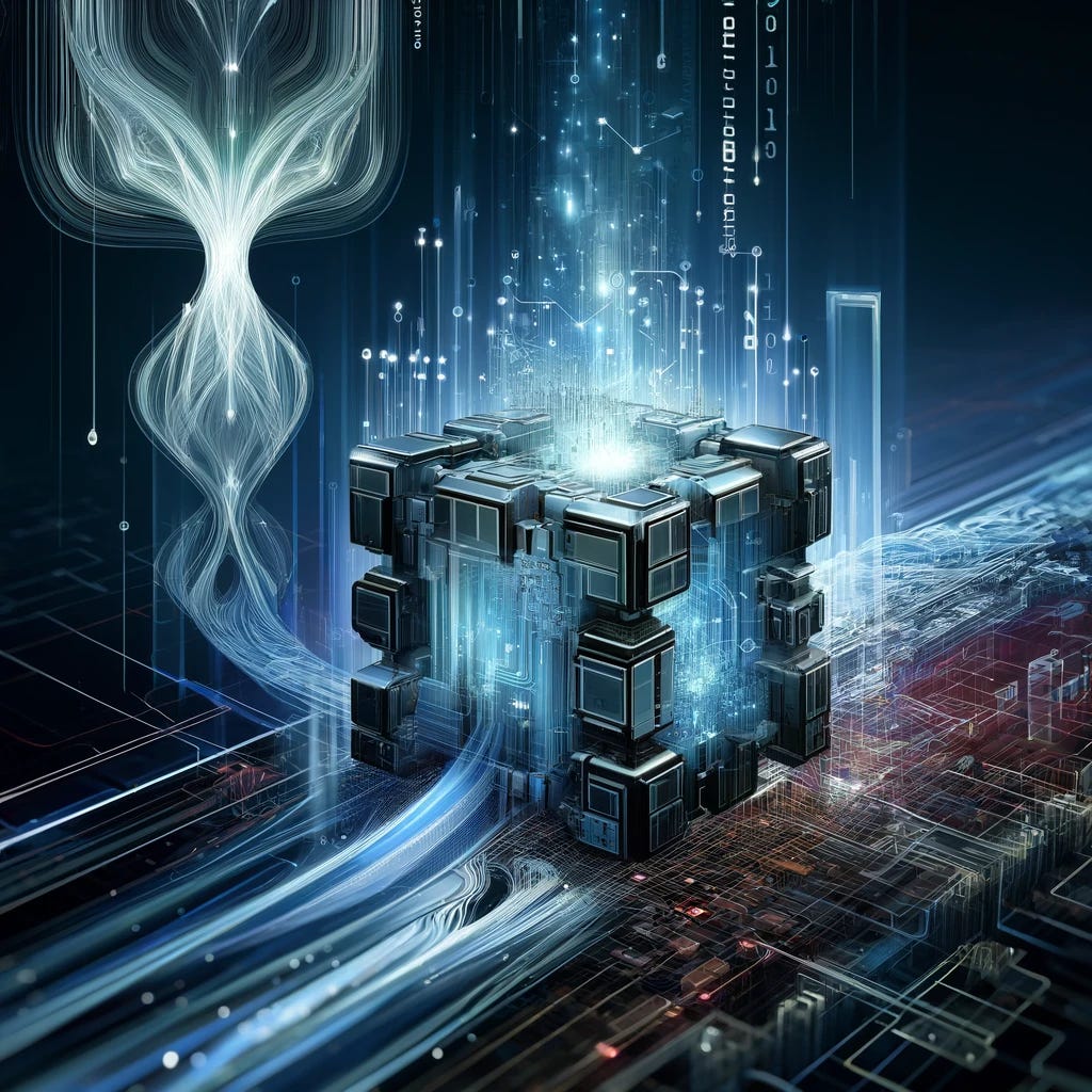 A visually engaging and futuristic cover image for an article about Large Language Models (LLMs) in machine learning. The cover should depict a digital landscape with flowing streams of binary code and abstract representations of neural networks. In the foreground, a large, stylized depiction of a transformer block should be prominent, symbolizing the core technology discussed in the article. The background should feature a complex, circuit-like pattern with glowing lines and nodes, suggesting advanced technology and data processing. The overall color scheme should be shades of blue and black, giving a sleek, technological feel.