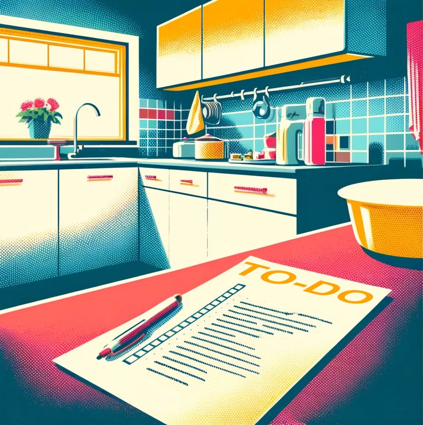 An illustration of a kitchen with a to-do list on the counter in the style of 1960's magazine ads