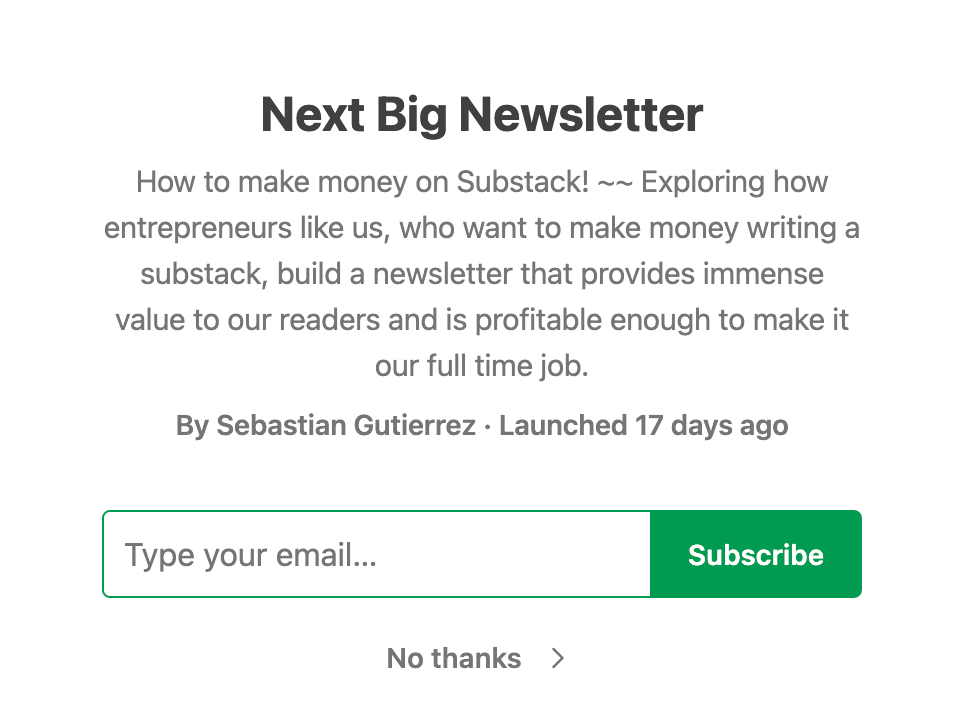 Next Big Newsletter - make money on Substack Welcome Page screencapture