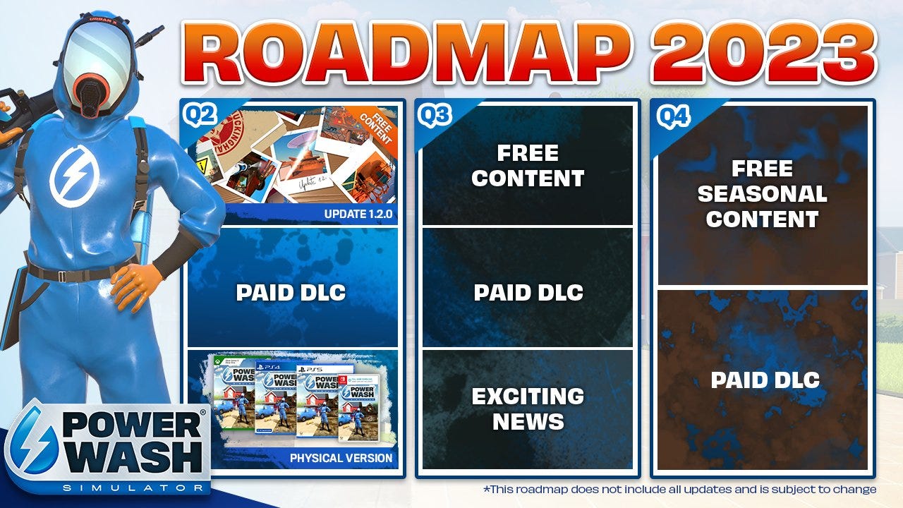 "A PowerWash Simulator Roadmap image for 2023
Split across three columns are the time periods for Quarter 2, 3 and 4.
In Q2 column there are images relating to Free Content and Physical Versions on Xbox, PlayStation 4, PlayStation 5 and Nintendo Switch. There is also text relating to Paid DLC.
In Q3 and Q4 column there is text relating to Free Content, Paid DLC, Exciting News and Free Seasonal Content
On the left of the road map is the PowerWash Simulator player character standing with hand on hip and powerwasher on shoulder looking at the viewer.
In the lower left corner is text saying 'This roadmap does not include all updates and is subject to change'