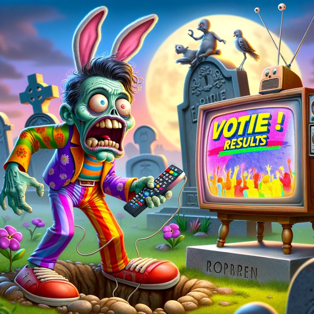 A humorous scene showing a cartoonish zombie, with exaggerated features and a goofy expression, clumsily rising from a grave in a quirky cemetery. The zombie is wearing brightly colored, mismatched clothes and has a funny, confused look as it holds a giant remote control. It's looking at a comically oversized, old-fashioned TV set placed on a tombstone, displaying a flashy and colorful voting results show for a popularity contest. The TV has rabbit-ear antennas with a small bird perched on top. The background includes whimsical tombstones and a smiling moon in the sky.