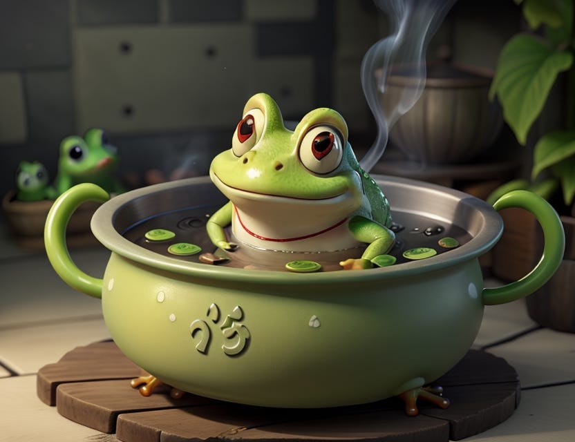 1 frog in a slow boiling pot