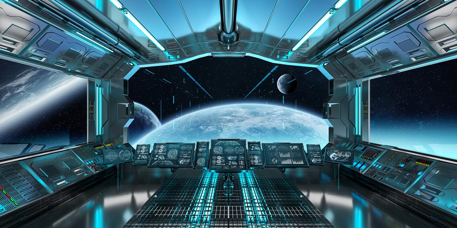 Spaceship Interior with View on Distant Planets System 3D Render Stock ...