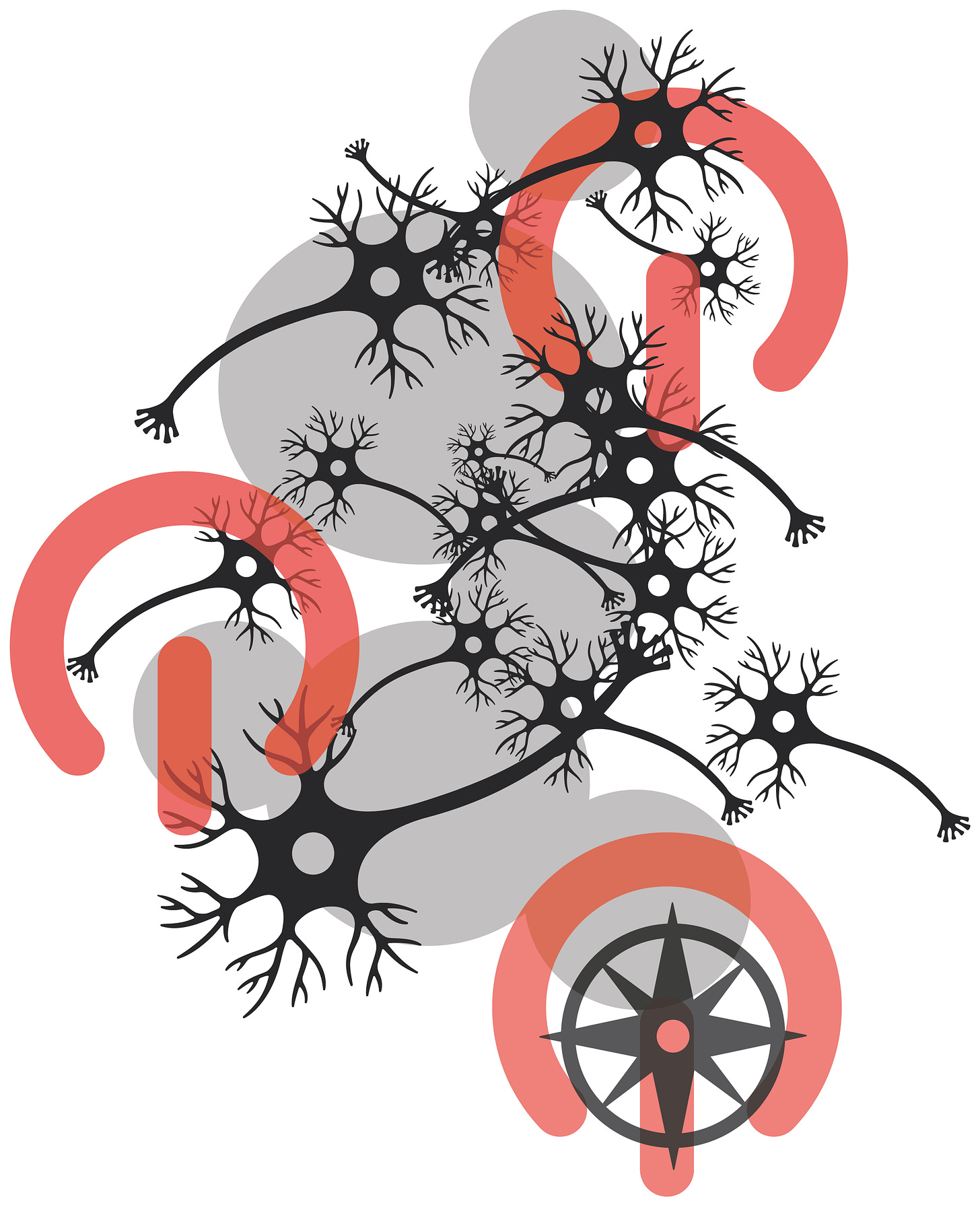 an image poem without words, consisting of a stack of superimposed gray circles, some touching & some not, overlaid with a number of neurons in black. three “partial circle enclosing a vertical line” power icons for electronic devices float in transparent red at the top right, middle left and bottom right of the image. inside the lower red icon, a dark gray compass rose is enclosed.