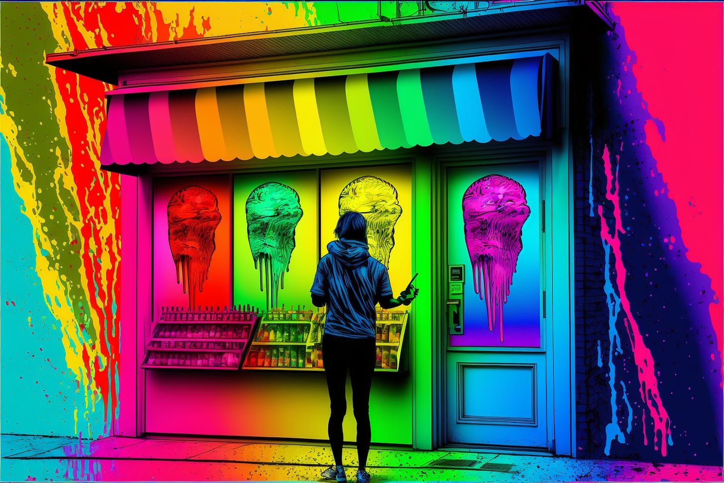 A colorful image of a person standing in front of a digital storefront