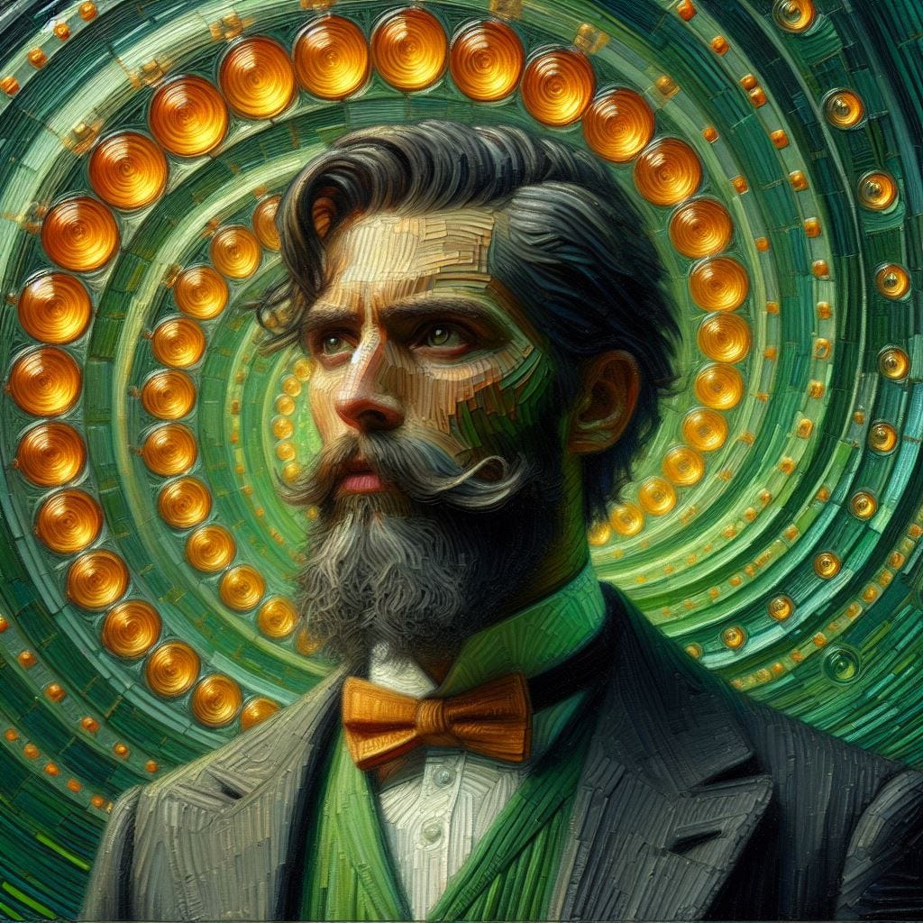 Chunky oil painting; lblack heroic man, facial hair/shoes are elegant. light green silk shirt with man in foreground. macro image by charles krebs close up of wing scales of the Prola beauty , Panacea prola. The background is a spiral of  glass orange circles .They spiral to a point and disappear in the center of the screen. a dark green background with see through squares with thin neon green and yellow light as trim. chunky oil, thick oil painting